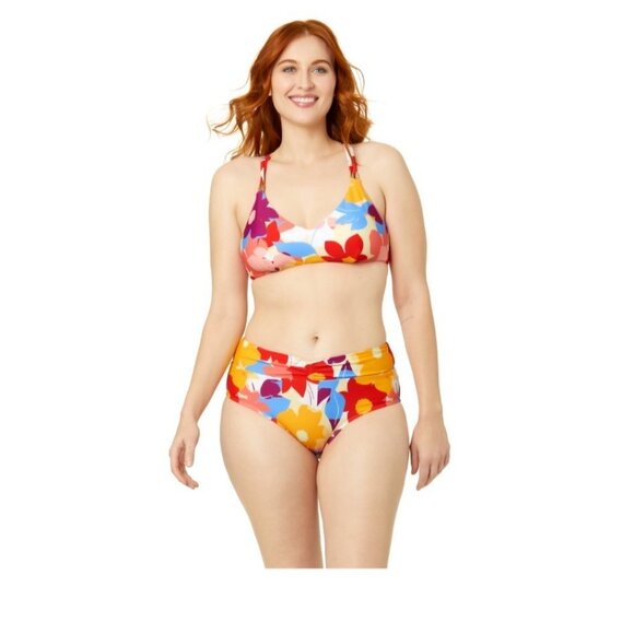 Time and Tru Womens Large Bright Floral High Waist Twist Swim Bottoms Only NWT - Picture 2 of 5
